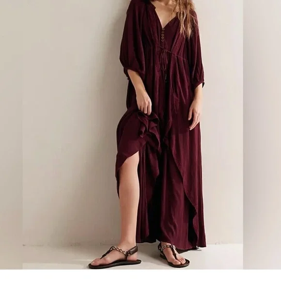 Free People Burgundy Maxi Dress with V-Neck and Drawstring - Picture 1 of 5